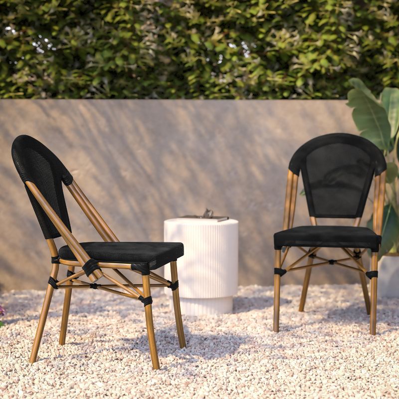 Flash Furniture Marseille Set of 2 Indoor/Outdoor Commercial French Bistro Stacking Chairs, Textilene Backs and Seats, Bamboo Print Aluminum Frames, 6 of 13