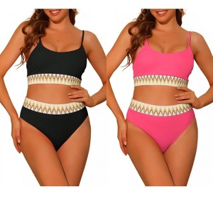 Elerevyo Women's High Waisted Ribbed Adjustable Spaghetti Straps Push Up Swimsuit Bathing Suits 2 Sets - 1 of 4