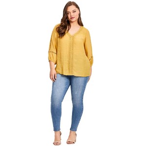 Avenue Women's Plus Size Embroidered Lace Detail Peasant Blouse - 1 of 4