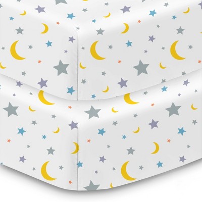 BreathableBaby Cotton Percale Fitted Sheet, For 52" x 28" Crib & Toddler Bed Mattress, Moon & Stars (2-Pack)