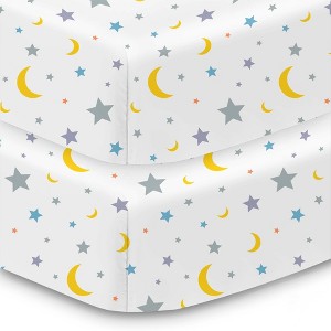 BreathableBaby Cotton Percale Fitted Sheet, For 52" x 28" Crib & Toddler Bed Mattress, Moon & Stars (2-Pack) - 1 of 4