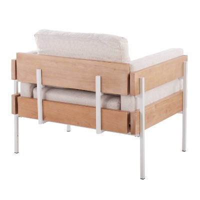 Cream Faux Leather and Metal Accent Chair with Natural Wood Frame