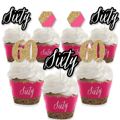 Big Dot of Happiness Chic 60th Birthday - Pink, Black and Gold - Cupcake Decoration - Birthday Party Cupcake Wrappers and Treat Picks Kit - Set of 24