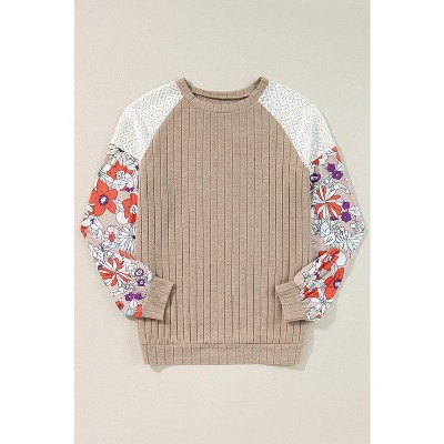 Laurel Green Floral Patchwork Long Sleeve Ribbed Blouse