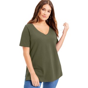 June + Vie by Roaman's Women's Plus Size Short-Sleeve V-Neck One + Only Tunic - 1 of 4