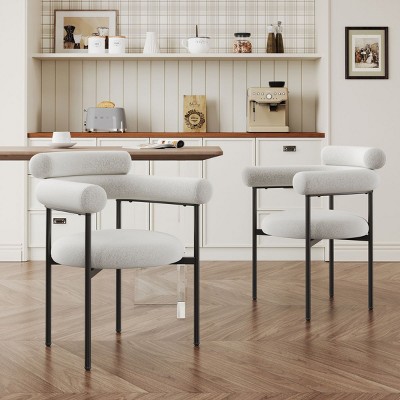 Boucle Dining Room Chairs Set of 2,Fabric Barrel Armchair Round Back Upholstered Dining Room Livingroom Chairs with Metal Legs-Cuddlewood