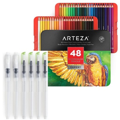 Arteza Professional Art Set - 48 Watercolor Pencils and 6 Water Brush Pens Bundle (ARTZ-NBNDL119)