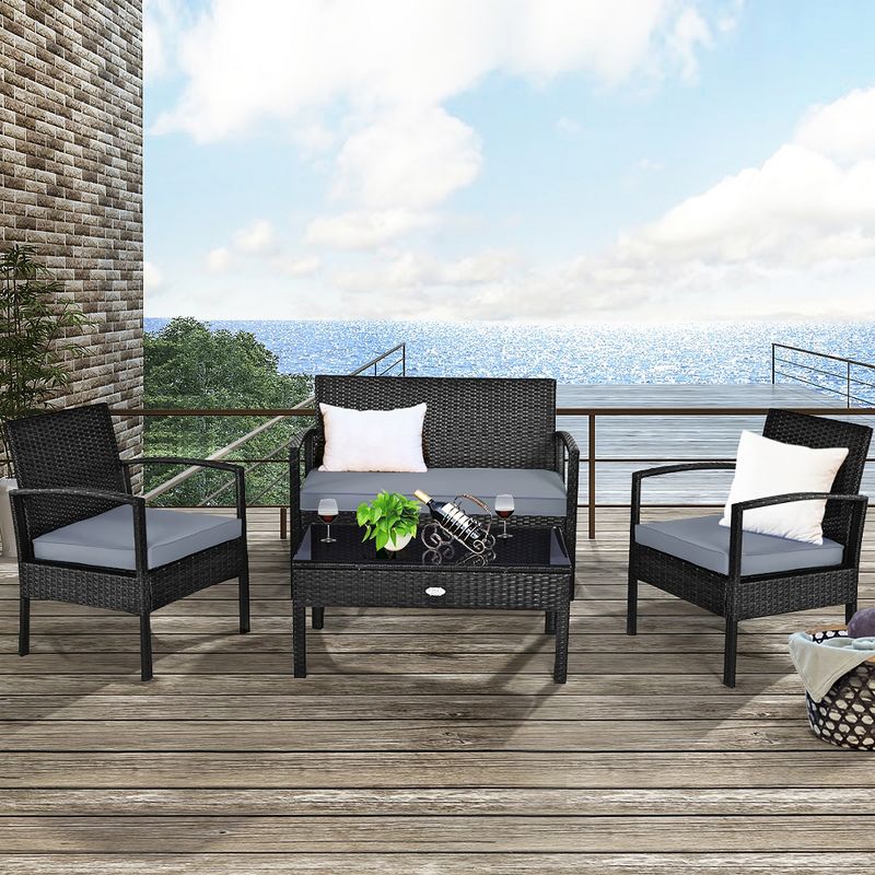 Costway 4PCS Outdoor Patio Rattan Furniture Set Cushioned Sofa Coffee Table Garden Deck, 1 of 13