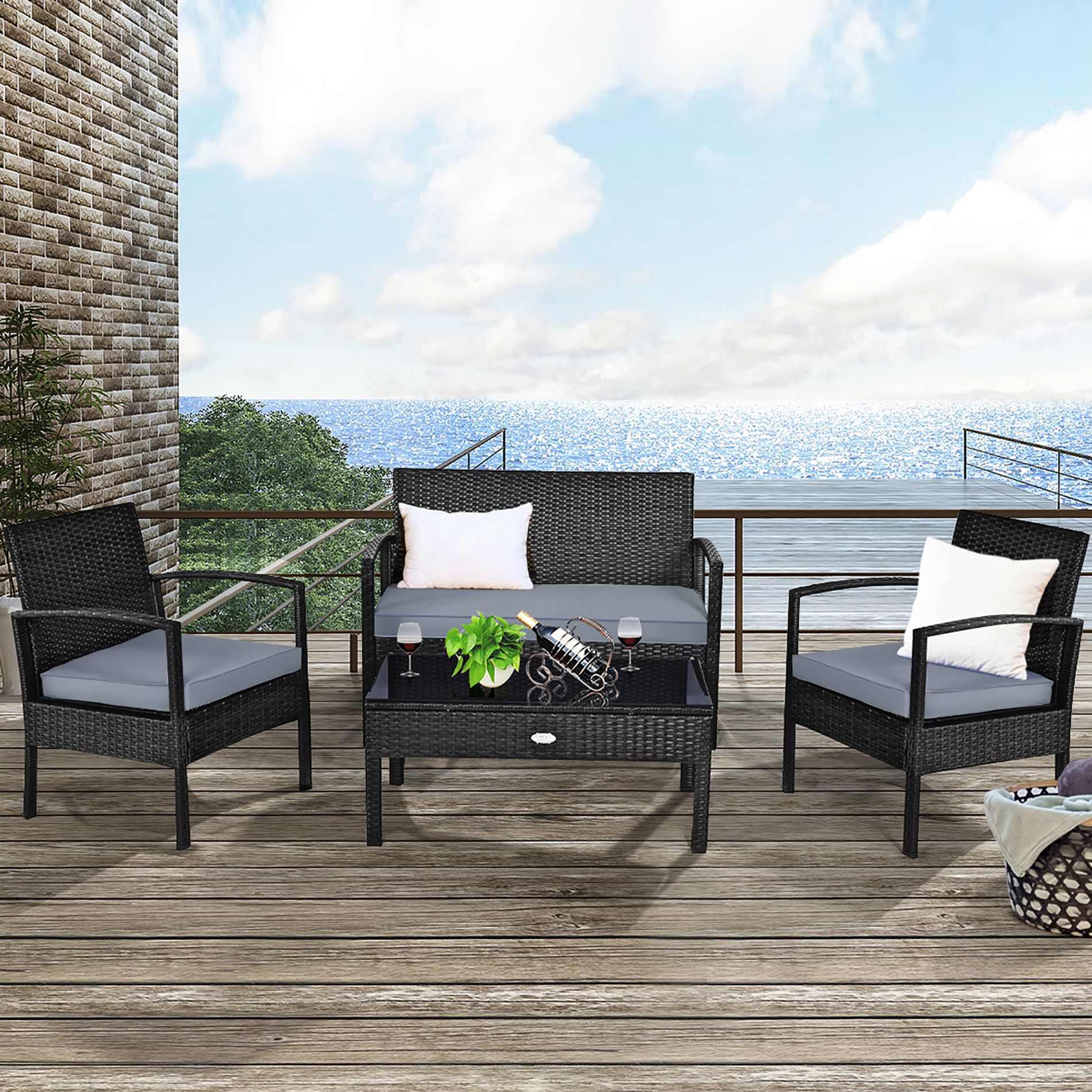 Costway 4PCS Patio Rattan Furniture Set Garden Deck