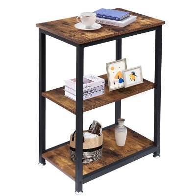 VECELO Wooden Side Table, Modern Narrow Nightstand with Drawer and Shelf for Bedroom Office,Tempered Glass, Brown/Gray