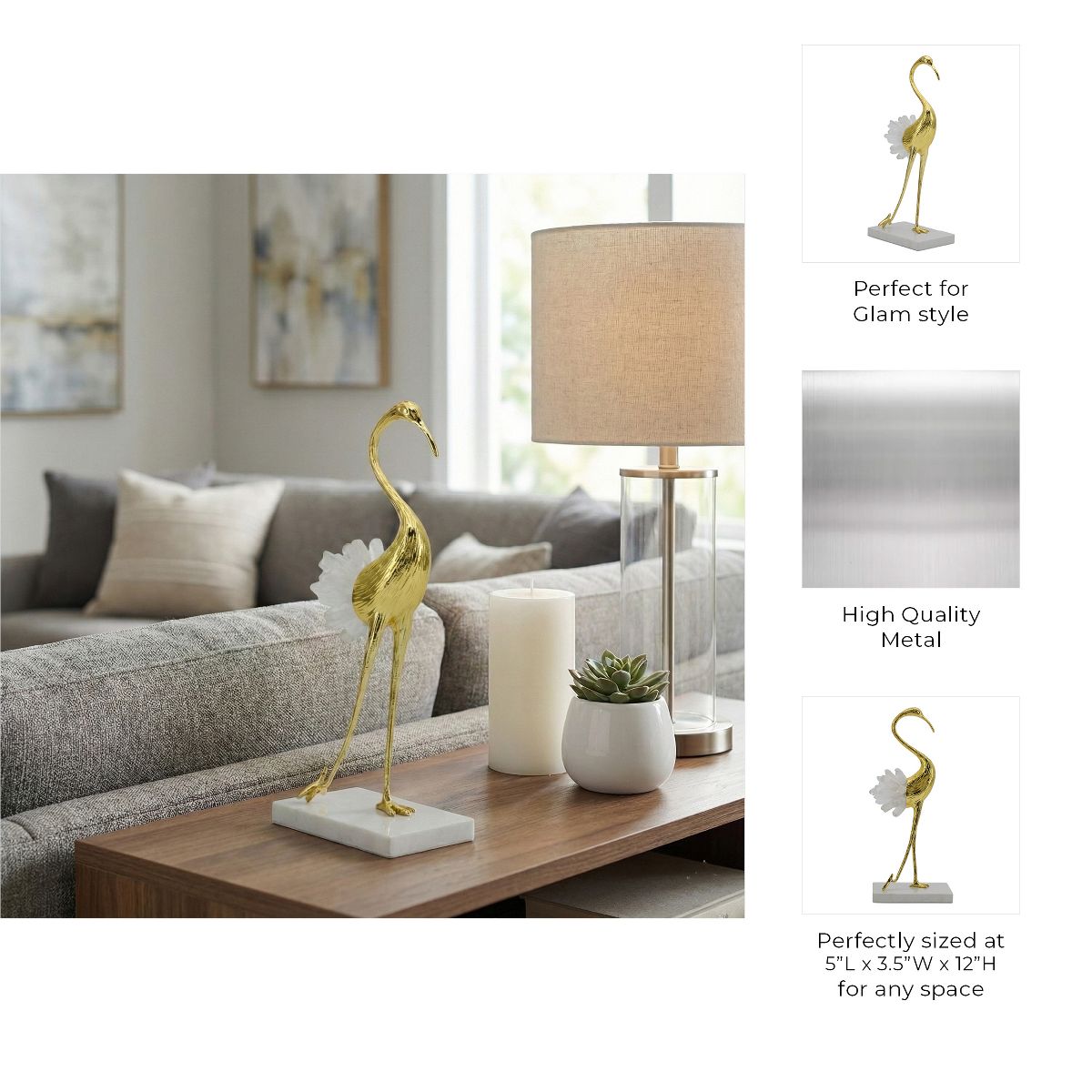 Elegant Crane Sculpture with Marble Base, Decorative Bird Statue for Tabletop Display, Living Room Accent, Entryway Decor, or Centerpiece Ornament - thumbnail 5