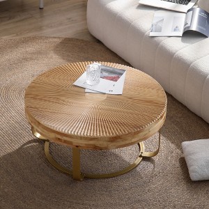 ORRD Modern Round Coffee Table, Wood Carving Pattern with Metal Legs for Living Room & Office, Golden - 1 of 4