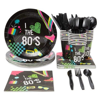 Blue Panda 24 Set Neon 80s Retro Party Supply Knives Spoons Forks Paper Plates Napkins Cups