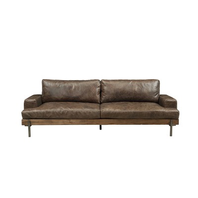 Elegant Oak and Distressed Chocolate Leather Sofa with Track Arms