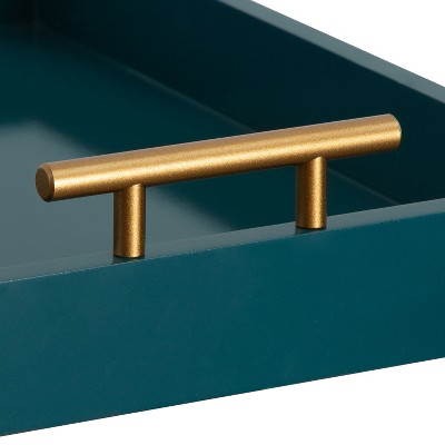 Teal Wood Tray with Brushed Gold Metal Handles