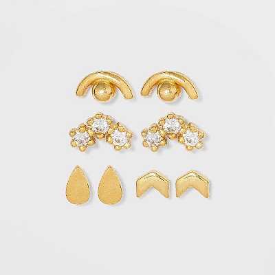 Sterling Silver with Cubic Zirconia Multi Shape Stud Earring Set 4pc - A New Day™ Gold