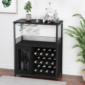 Wine Bar Cabinet with Wine Rack, Glass Holder, Adjustable Shelves & Mesh Door, Small Sideboard for Home and Dining Room Storage, Black - 1 of 4