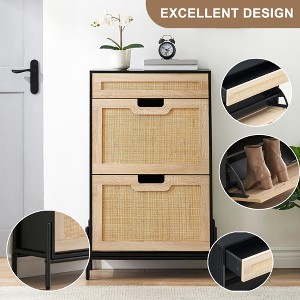 Rattan Slim Shoe Cabinet With 2 Flip Drawers & Adjustable Shelf, Tall Shoe Storage Organizer with Metal Legs,   for Entryway, Entrance, Hallway - 1 of 4