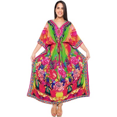 LA LEELA Women's Summer African Beach Maxi Slit Dresses Caftan Loungewear Casual Long Cover up Caftans for Women Plus One Size Hibiscus Red, Blossom