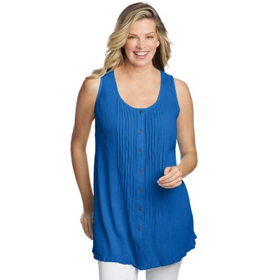 Woman Within Plus Size Sleeveless Pintuck Gauze Shirt
