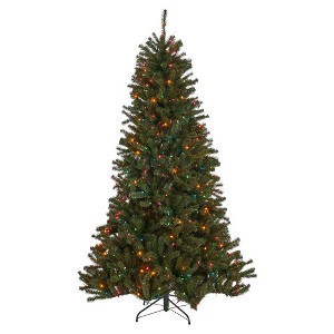 7ft Pre-lit Artificial Christmas Tree, Hinged Xmas Tree With 500 Colorful Lights UL Listed, Includes Iron Stand, Easy Assembly, 48"Wx48"Dx84"H - 1 of 4