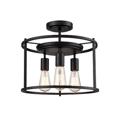 Claxy Industrial Black Semi Flush Ceiling Light Wood Grain Drum Ceiling Light