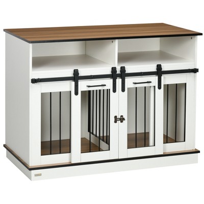 PawHut Dog Crate Furniture for Large Dogs, Double Dog Kennel for Small Dogs with Shelves, Sliding Doors