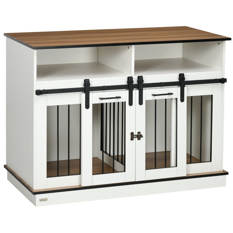 PawHut Dog Crate Furniture for Large Dogs, Double Dog Kennel for Small Dogs with Shelves, Sliding Doors, 1 of 10