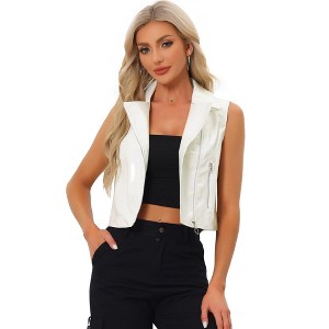 INSPIRE CHIC Women's Metallic Faux Leather Lapel Collar Zip Sleeveless Cropped Vest - 1 of 4