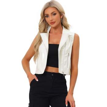 Allegra K Women's Metallic Faux Leather Lapel Collar Zip Sleeveless Cropped Vest