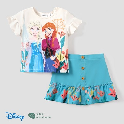 Disney Frozen Elsa Anna Toddler Girl Character Print Tee and Skirt Set