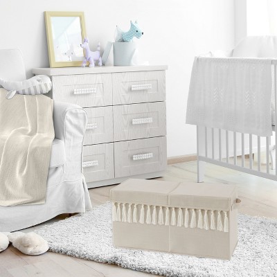 Taupe and Ivory Linen Blend Boho Fringe Toy Storage Bin