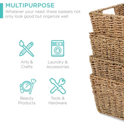 Natural Seagrass Rectangular Stackable Storage Baskets with Handles