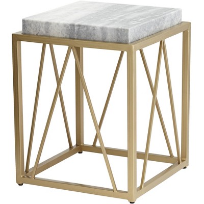 Gold and White Marble Square Accent Table with Geometric Metal Frame