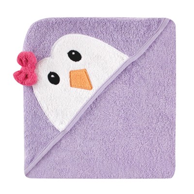 Luvable Friends Baby Girl Cotton Animal Face Hooded Towel, Purple Penguin, One Size