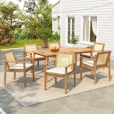 7Pcs Outdoor Patio Dining Set, Dining Set with 6 Chairs and 1 Dining Table, Acacia Wood Arm Chairs with Cushions and Rattan Back-Coolbibila