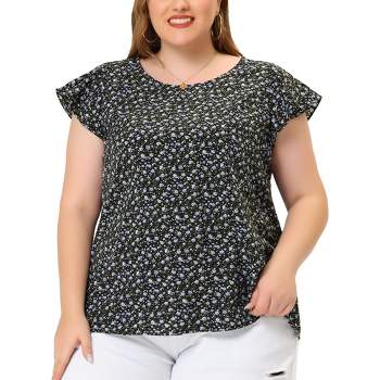 Agnes Orinda Women's Plus Size Floral Short Sleeve Casual Blouse