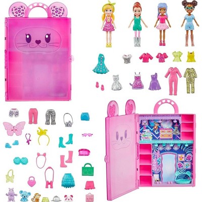 Polly Pocket Set with 4 Dolls, 3 Pets & 50 Fashion Accessories, Stylin' Safari Fashion Collection, Animal-Themed Case