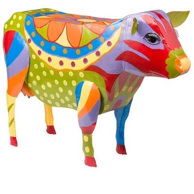 Plow & Hearth - Handmade Colorful Painted Folk Art Cow Metal Side Table for Outdoor Decor