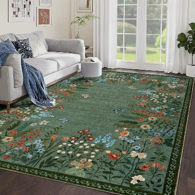 Acekool Washable 8x10 Floral Area Rug - Non-Slip, Soft & Machine Washable for Living Room, Bedroom, Green