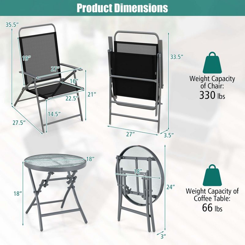 Costway 3pcs Patio Folding Table Chair Set Extra-Large Seat Metal Frame Portable Outdoor, 3 of 8