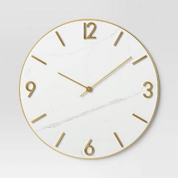 26" Faux Marble Finished in Polished Brass Wall Clock White - Threshold™