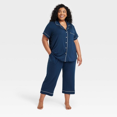 Women's Beautifully Soft Short Sleeve Notch Collar Top And Pants Pajama Set  - Stars Above™ Navy Blue 1x : Target