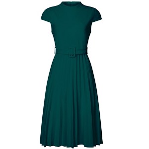INSPIRE CHIC Women's Mock Neck Cap Sleeve Belted A-Line Midi Pleated Dresses - 1 of 4