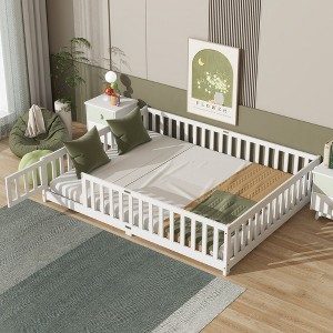 Whisen Twin Bed & Rubber Wood Floor Bed with Fence without Door, Multi - Functional Floor Bed for Kids' Sleep & Play - 1 of 4
