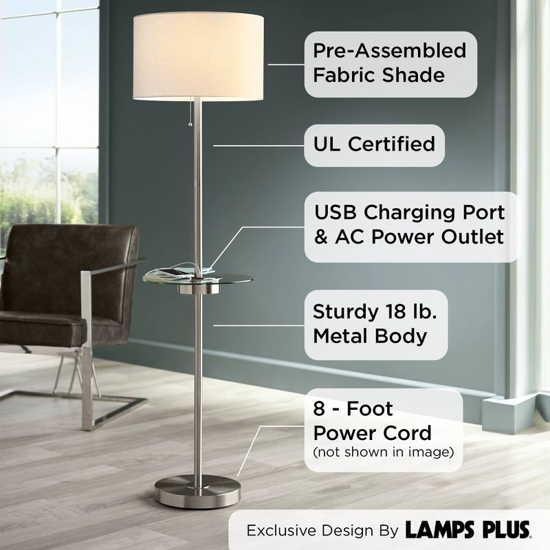 360 Lighting Caper Modern Floor Lamp with Tray Table 60 1/2" Tall Brushed Nickel USB and AC Power Outlet Off White Fabric Drum Shade for Living Room, 4 of 12