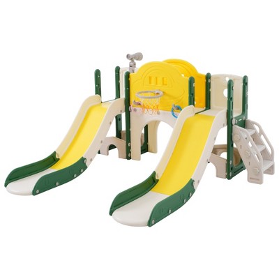 VYNXARIA 7-in-1 Yellow Spaceship Play Set for Kids: Double Slide, Tunnel, Ring Toss, Hoop, Climbing Area