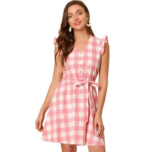 Allegra K Women's Casual Ruffled Sleeve A-Line Vintage Gingham Check Dress - 1 of 4