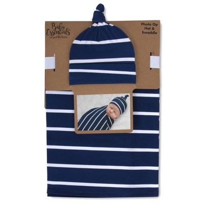 Baby Essentials Striped Swaddle Blanket and Knot Cap - Navy