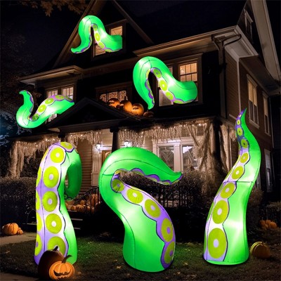Joyfy 3 Pcs Halloween Inflatable Giant Octopus Tentacle with Build-in LEDs Broke Out from Window, Blow Up for Halloween Window Decoration